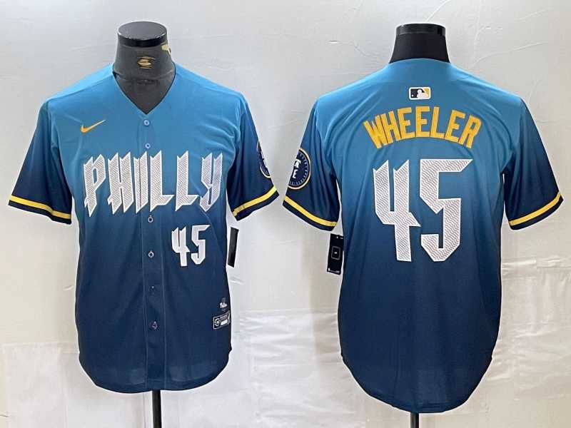 Mens Philadelphia Phillies #45 Zack Wheeler Blue 2024 City Player Number Cool Base Stitched Jersey